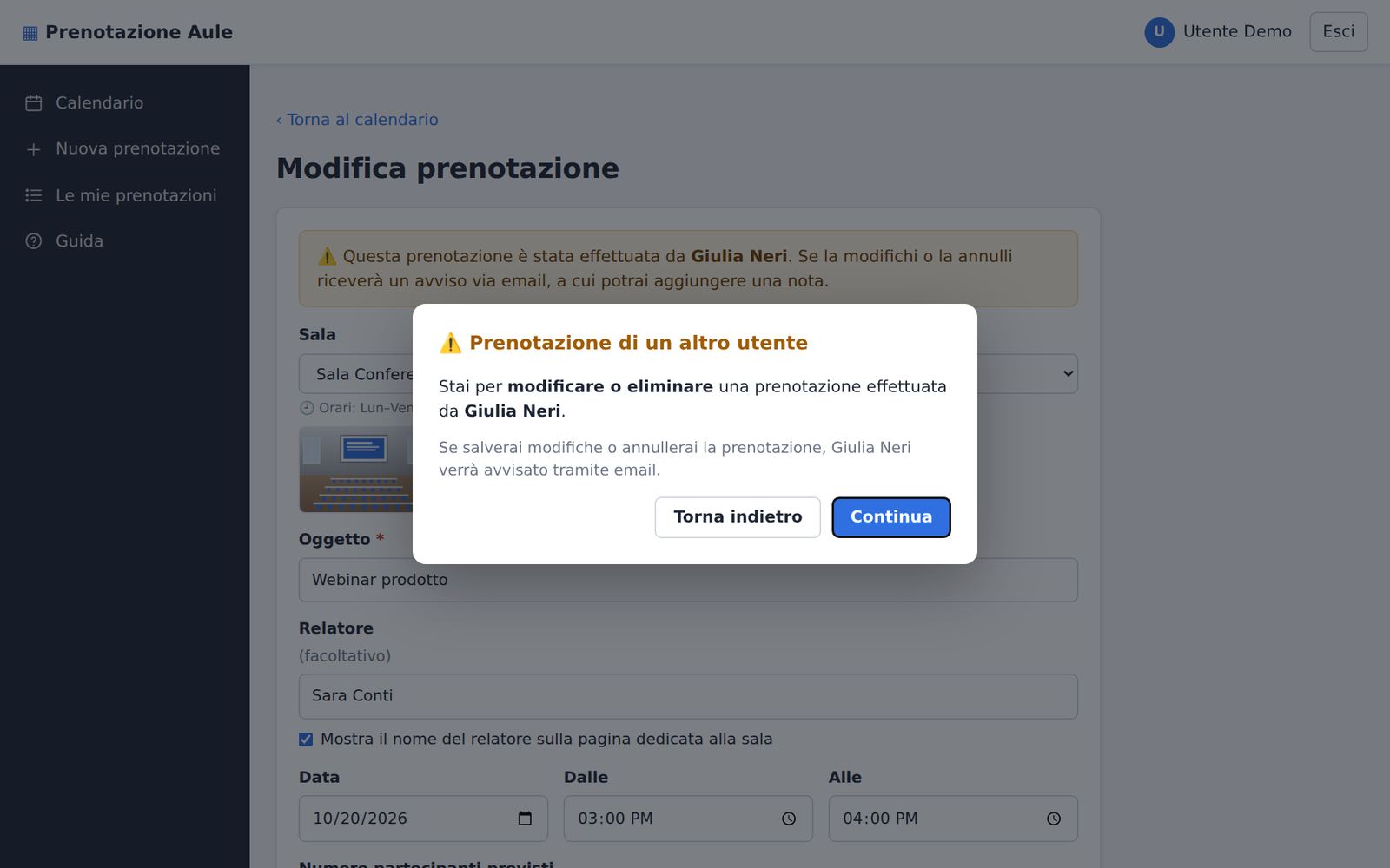 1° avviso: prenotazione di un altro utente
